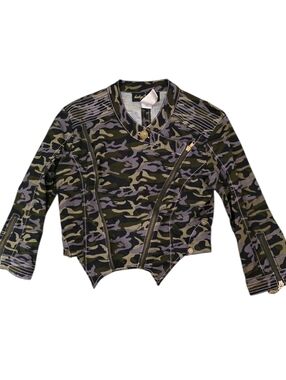 ​Vintage Baby Phat Camo Moto Jacket Y2K Asymmetrical Zip Cropped Cat Logo Med
